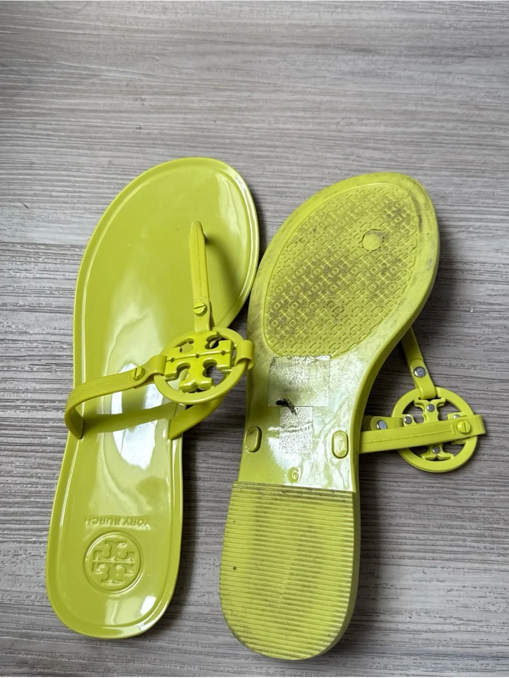 Tory Burch Lime Yellow Logo Jelly Thong Sandals